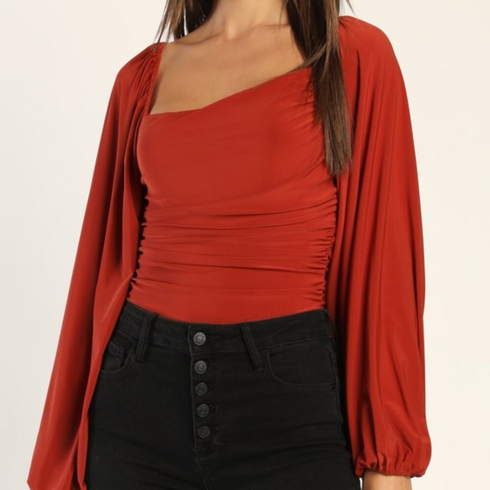 Lulus Anything But Average Rust Orange Ruched Balloon Sleeve Bodysuit - Size M